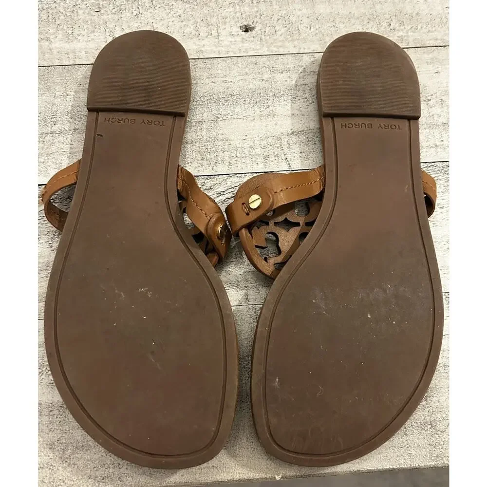 Tory Burch Miller Leather Logo Brown Sandals Thong Leather Sz 8